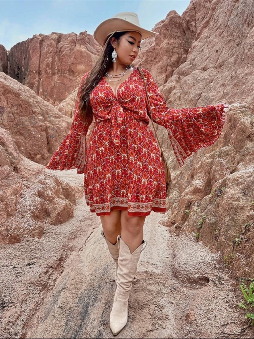 SHEIN Holidaya Plus Western Allover Floral Print Flounce Sleeve Tie Front Dress